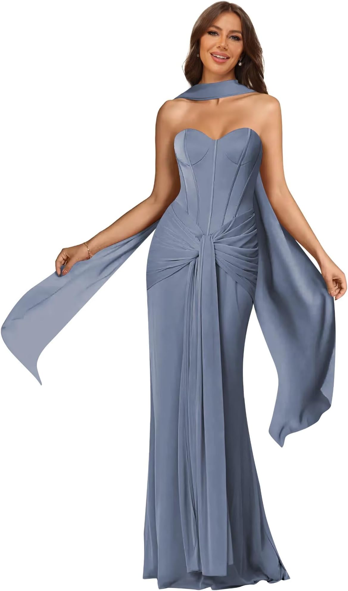 Women's Chiffon Bridesmaid Dresses Scarf Strapless Formal Dresses Long Pleated Mermaid Evening Gowns