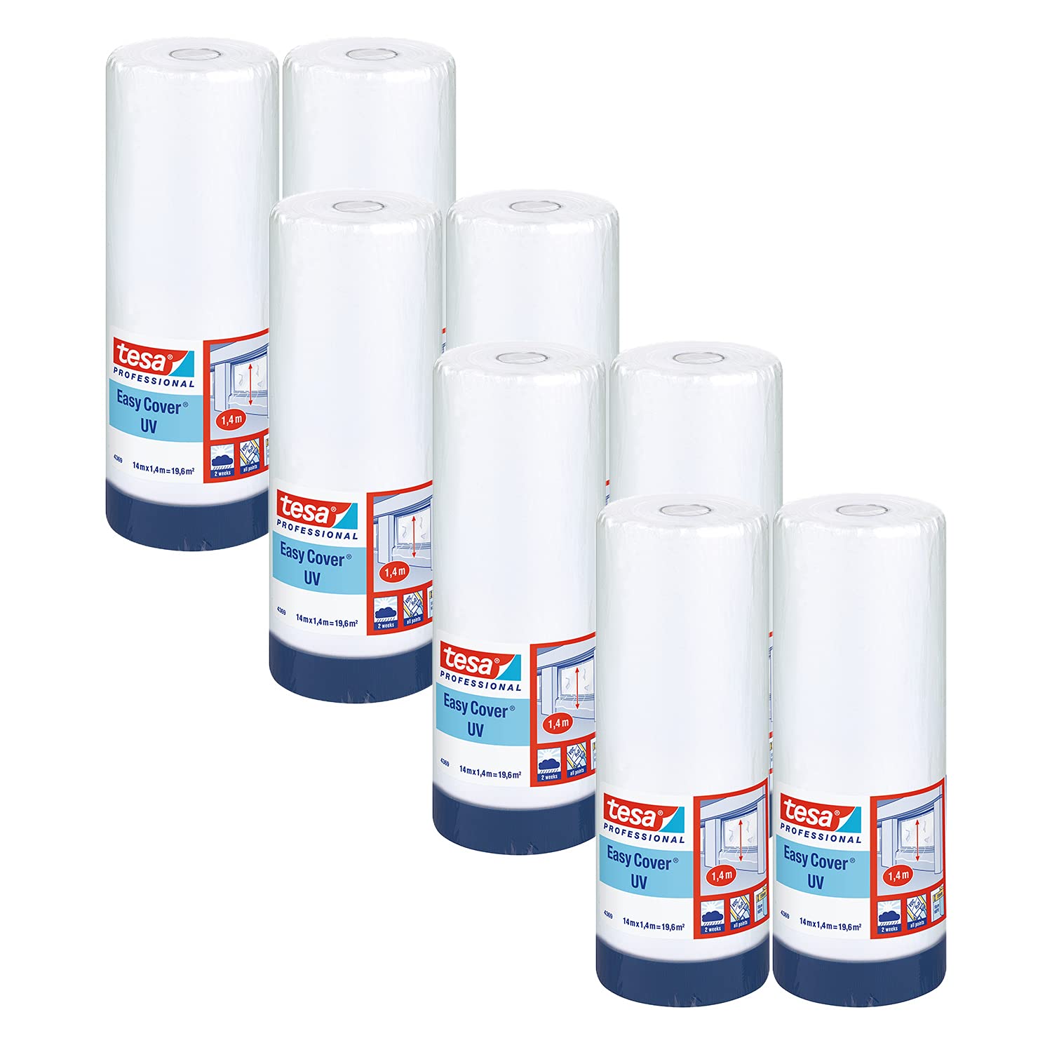tesa Easy Cover 4369 UV - Juego de 8 láminas de pintura con cinta de tela para pegar y cubrir en exteriores, cinta adhesiva 2 en 1 con lámina, color azul mate, 14 m x 1,4 m