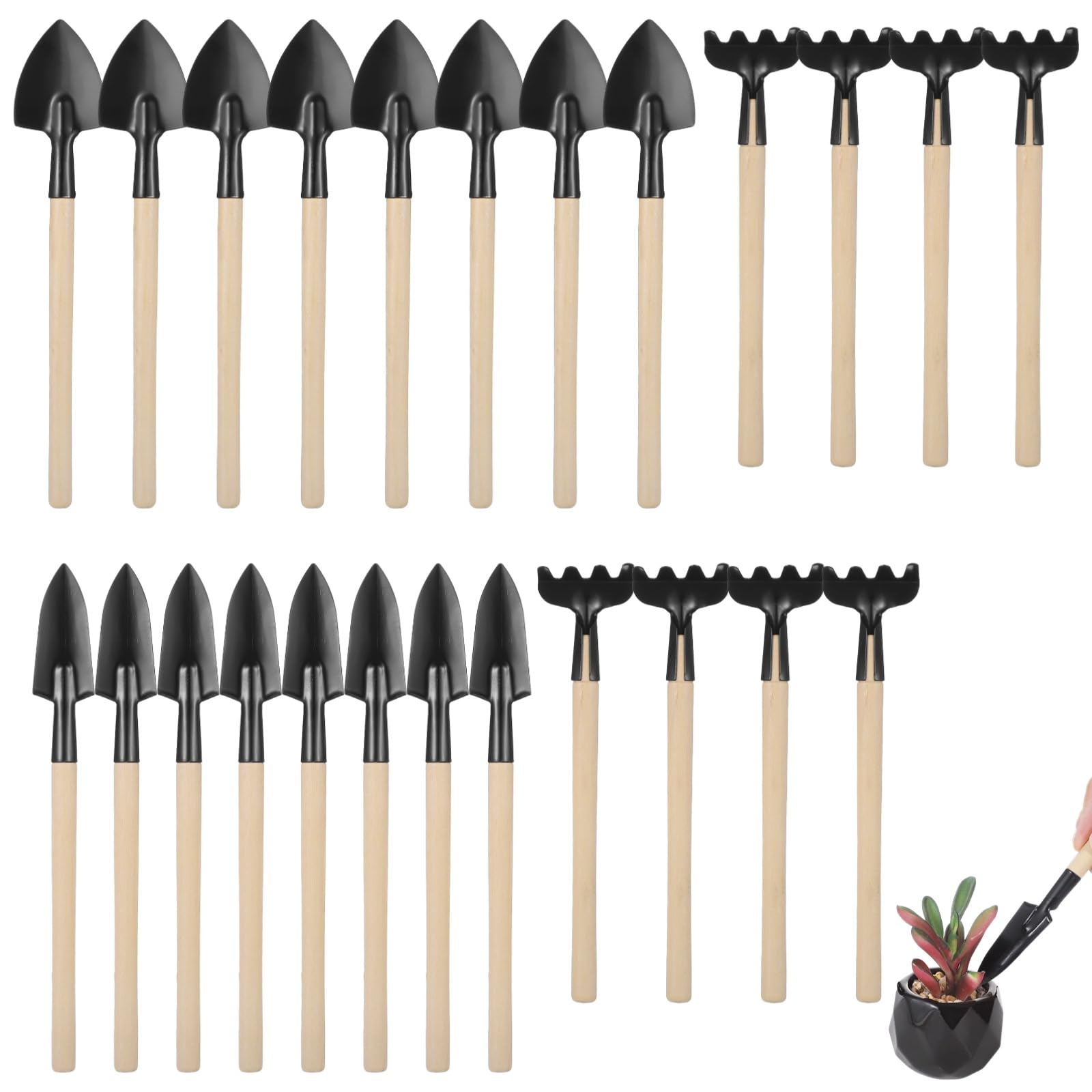 Lot de 8 Mini Outils de Jardinage, Outil Portable avec Manche en Bois, kit à Main en Acier avec râteau, transplantoir, Pelle, pour bonsaï, succulentes, Herbes, Plantes d’intérieur, Petits Pots