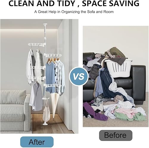 Miniatura 4 de Hershii Barra de lavandería ajustable en la esquina del tendedero para colgar sombreros, estante de tensión del piso al techo, organizador de