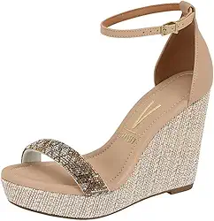 Sandália Feminina Anabela Alta Tira Strass Conforto Vizzano