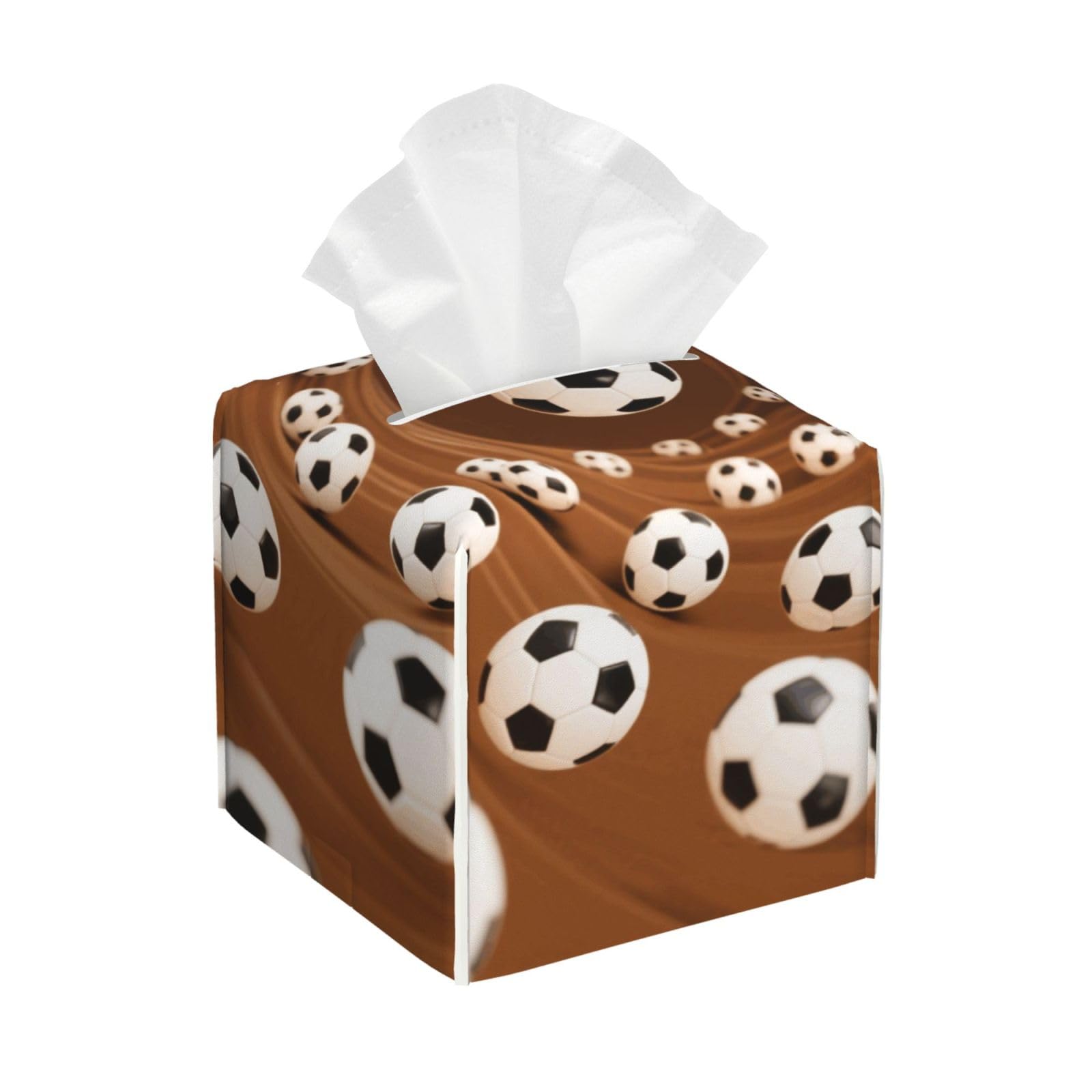 Pu Leather Cube Tissue Box Holders Modern Waterproof Square Tissue Box Cover Footballs Facial Paper Holder for Bathroom Kitchen Nightstand Office Home Decor