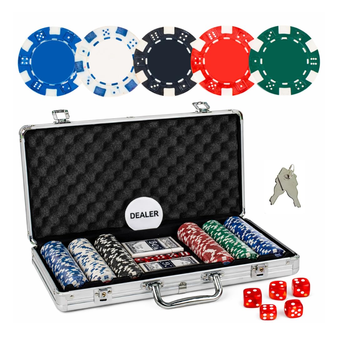 WISHKEY for Adult Casino Style Poker Chips Set with A Aluminum Finish Case, 2 Decks of Card Game, 5 Dice, 1 Dealer Button (Classic Multiplayer Game) 300 Pcs-image-23