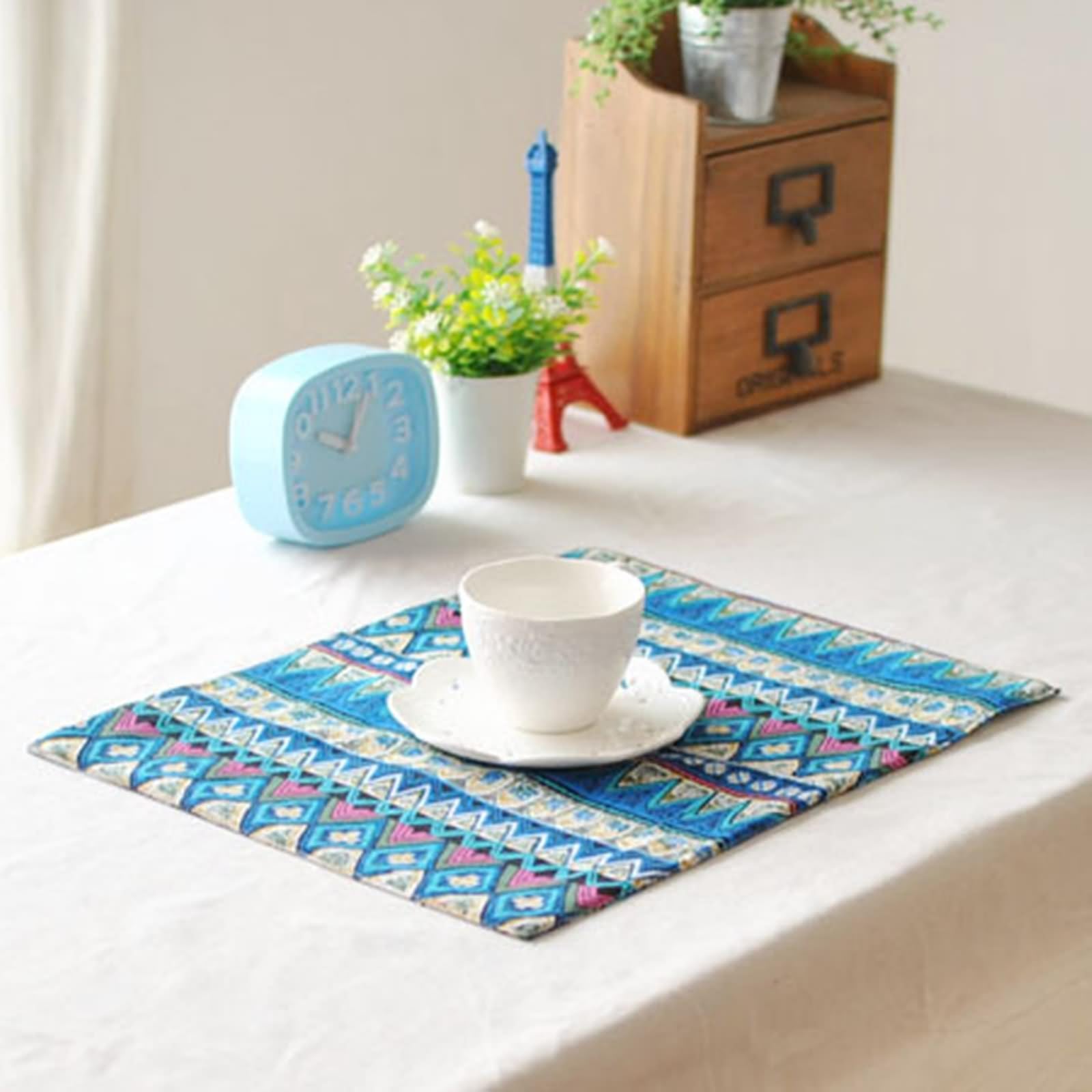 Lot de 8 Set de Table Vintage Dinner 30x40cm, sous Assiette Bleu Motif à Rayures Ondulées Géométriques Coton Lin