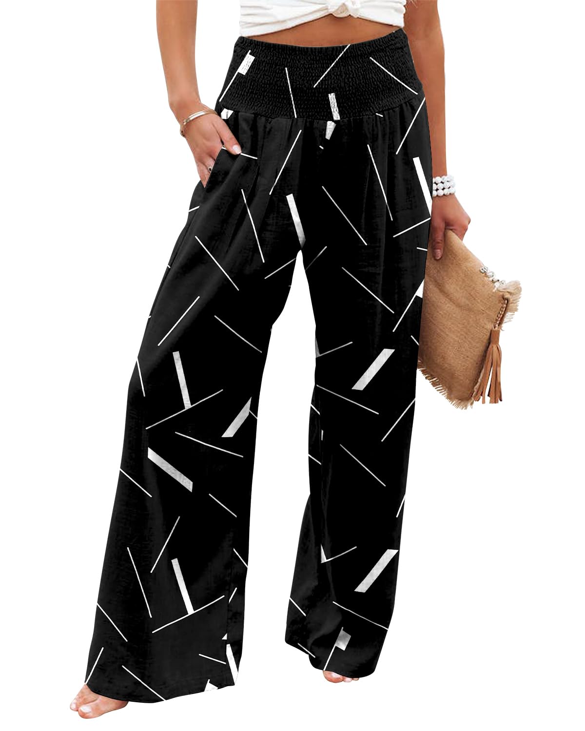 Angerella Womens Elastic High Waisted Palazzo Pants Casual Wide Leg Long Lounge Pant Trousers with Pocket