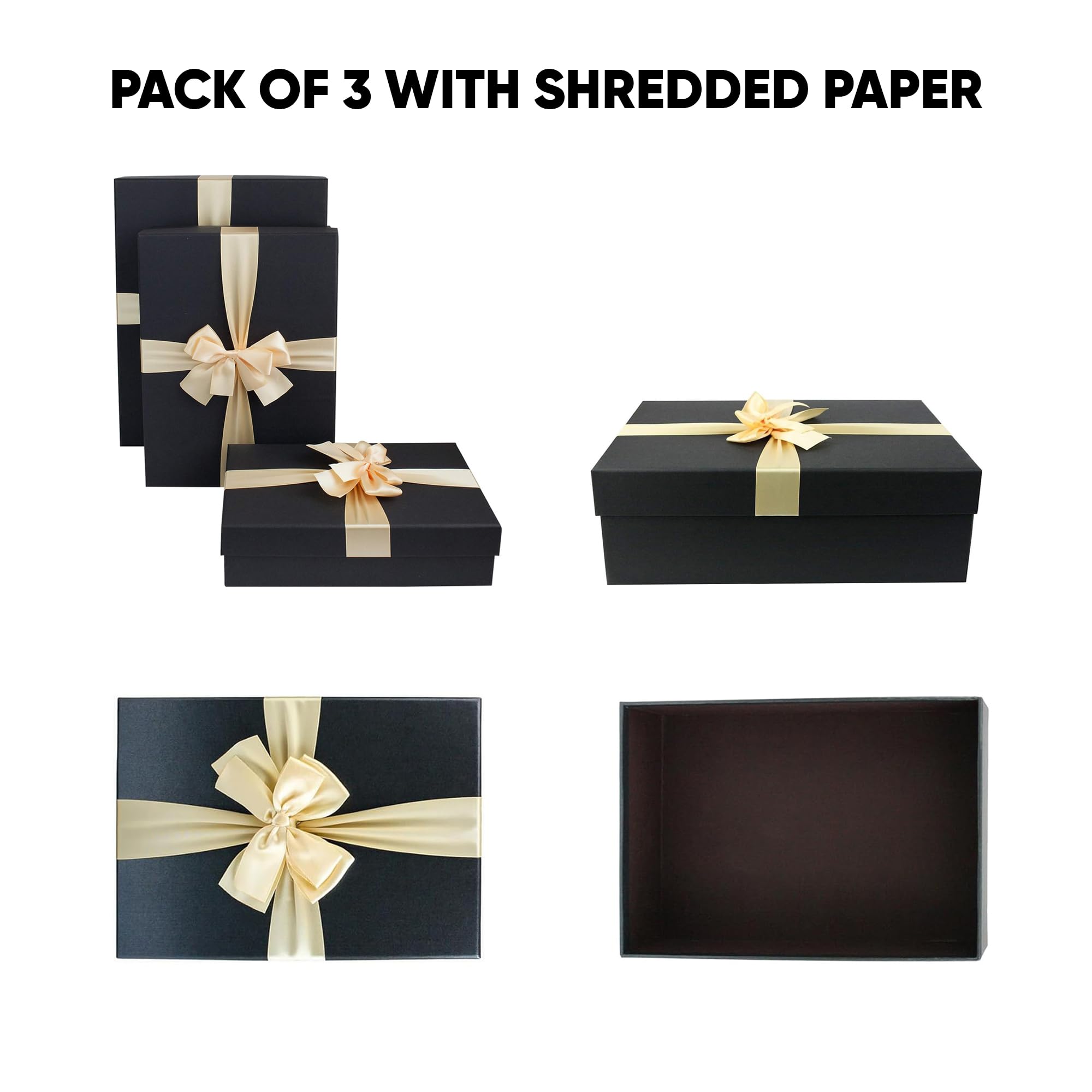 Emartbuy Set di 3 scatole regalo in carta nera e nera, misura grande, media, piccola | Scatola regalo rigida in cartone di lusso con nastro, confezione premium per cesti, compleanni, matrimoni, regali aziendali