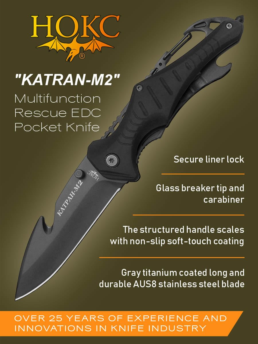 HOKC Katran-M2 | 327-780601 | Multifunction Knife, Rescue Knife, Pocket Knife, EDC Knife by Official Dealer - Liner Lock, Structured Handle, Non-Slip Soft-Touch Coating Handle, Ball Bearing, One-Sided Thumb Stud, Comfortable Pocket Clip, Glass Breaker, Carabiner, Belt Cutter, Bottle Opener, Long and Durable AUS8 Stainless Steel, Gray Titanium Coated - Ideal for Camping & Hunting