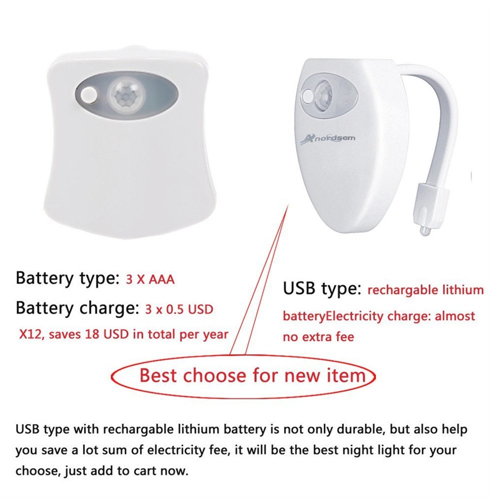 Toilettes Veilleuse - Détecteur de mouvement LED Toilette clair Bonnes pratiques d'économie d'énergie rechargeable USB lumière de salle de bain avec 8 Couleur Change Nice