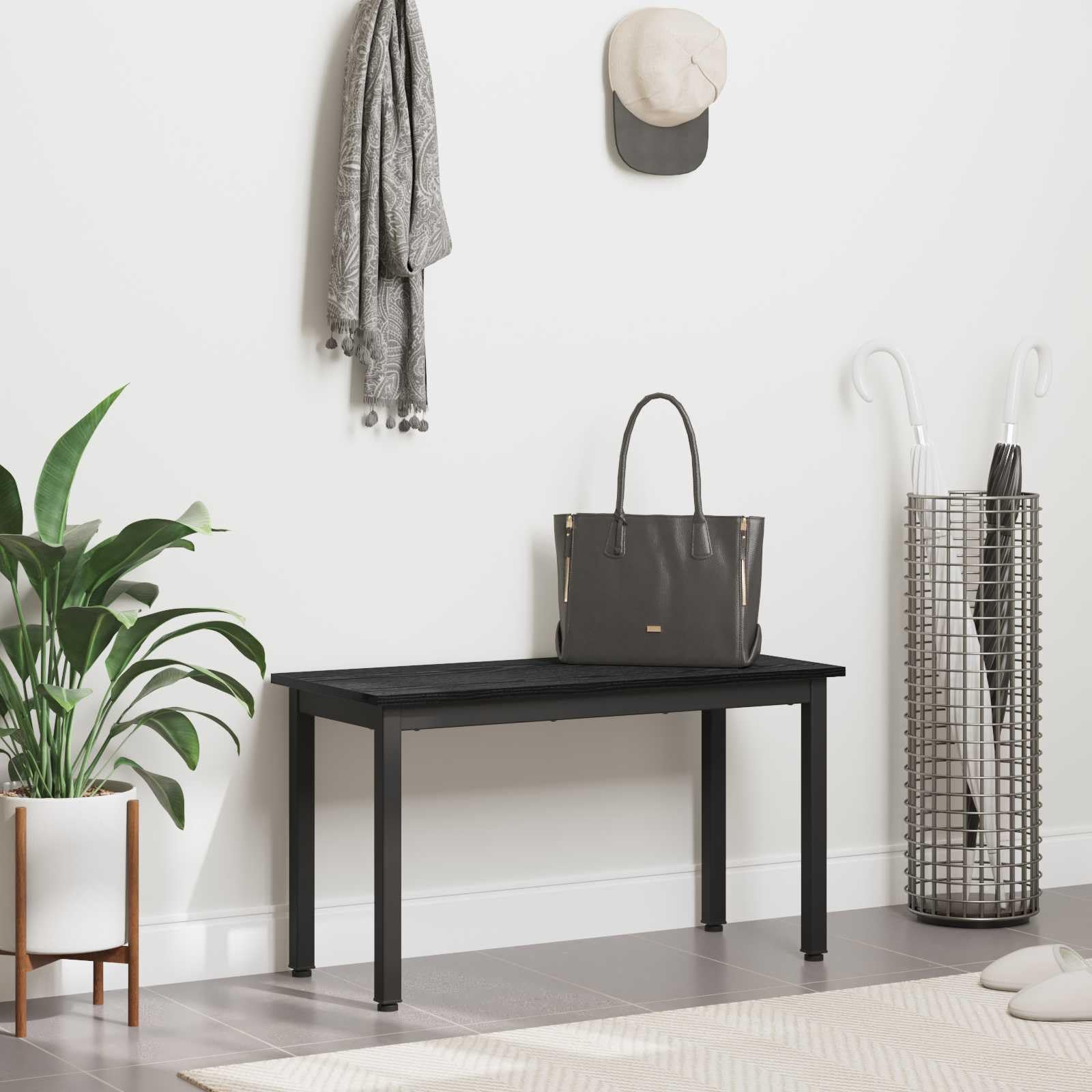 Ławka czarna o wyglądzie dębu wykonana z materiału drewnopochodnego z metalowymi nogami 80 x 35 x 45 cm, wytrzymała ławka do siedzenia do jadalni i salonu, zajmuje mało miejsca, łatwa w