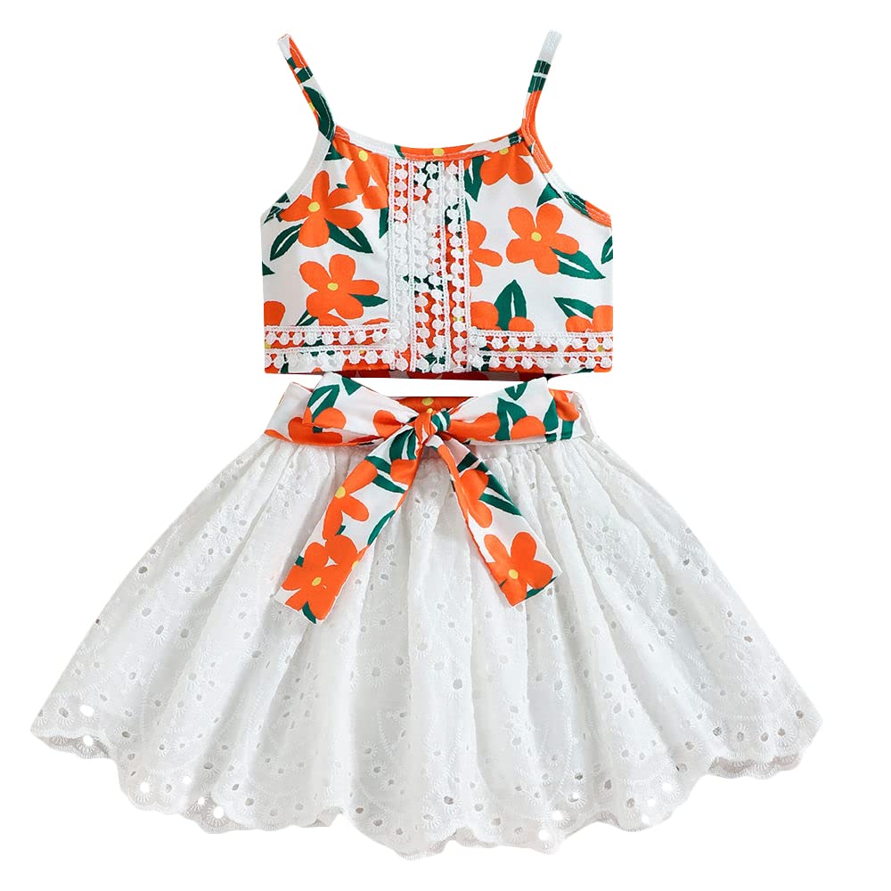 Hopscotch Polyester Girls Floral Print Slim Fit Blouseskirt Set In Orange Color For Ages
