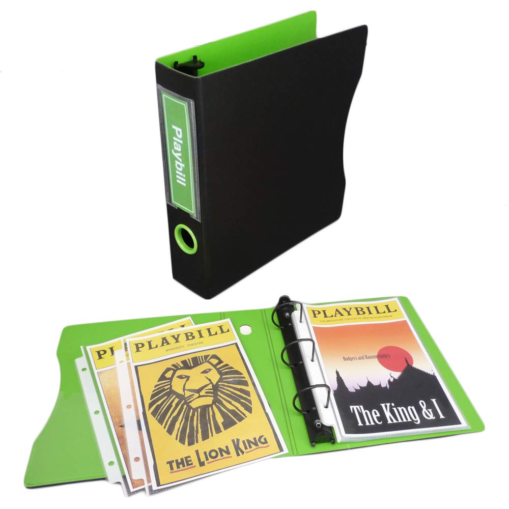 Binder Set for organizing 36 Playbills & Show Bills in a Colorful Way. Set; Two (2) Keepfiling 5.5 x 8.5 D-Ring Binder, 50-Pack of 5.5 x 8.5 Extra Heavyweight Sheet Protectors (Black/Lime Green)
