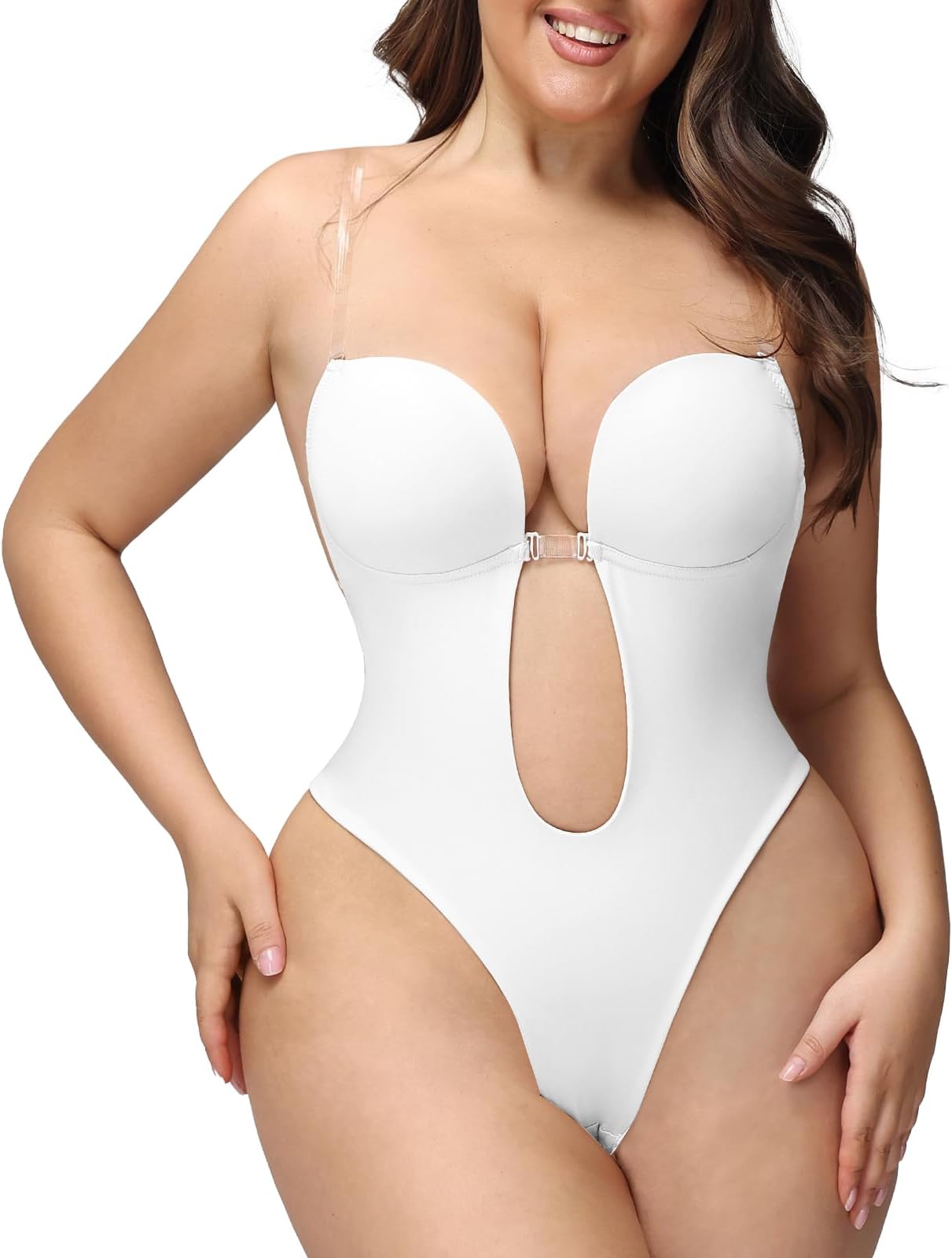 SHAPSHE Strapless Backless Shapewear Bra Plunge Thong Bodysuit Low Back Deep V Neck Body Shaper Plus Size for Wedding Daily