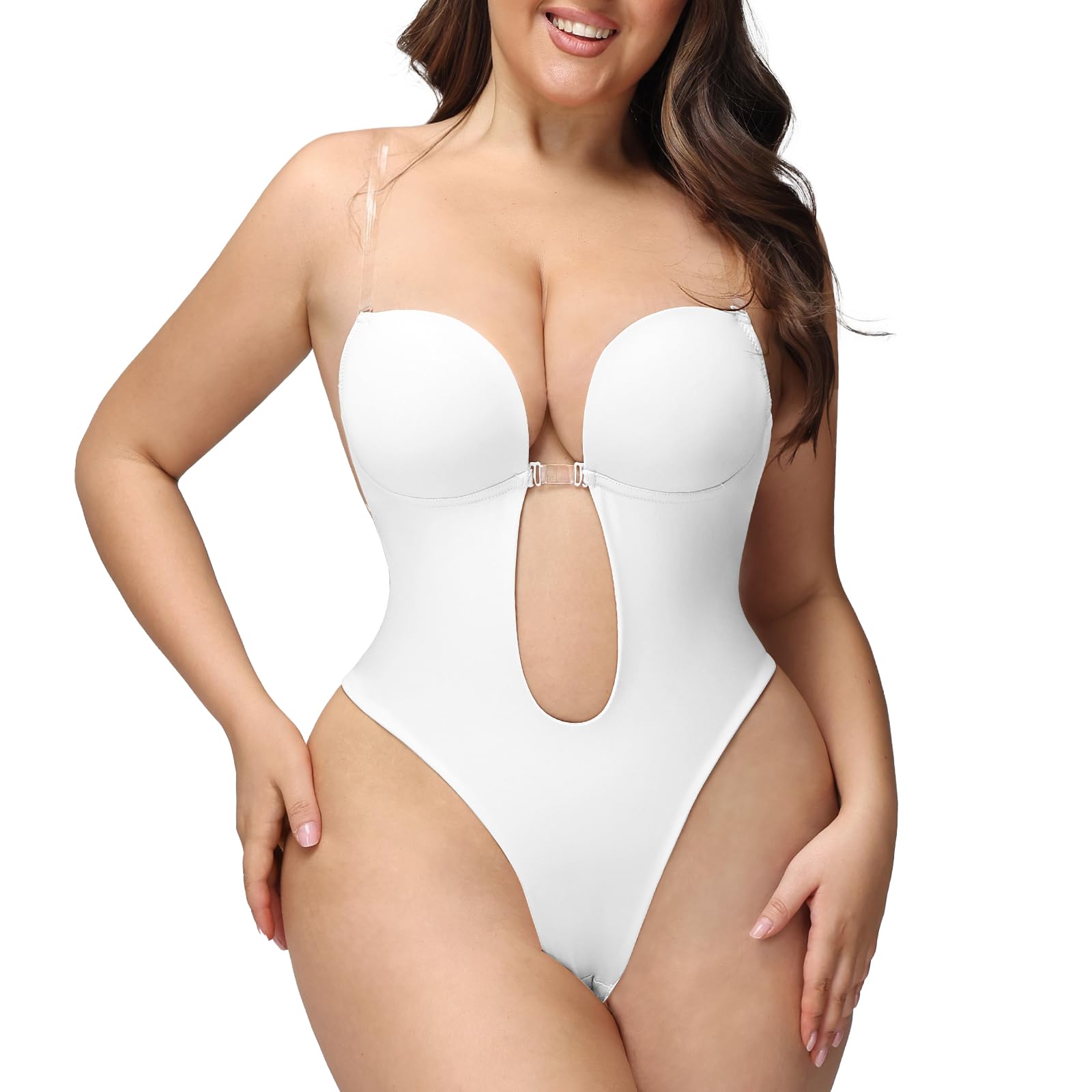 SHAPSHE Strapless Backless Shapewear Bra Plunge Thong Bodysuit Low Back Deep V Neck Body Shaper Plus Size for Wedding Daily