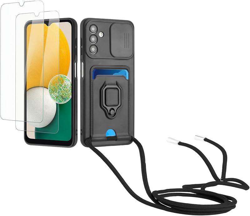 Kaslly Funda con Cuerda para Samsung Galaxy A35+[2 Pack Protector Pantalla],Case con Ranura para Tarjetas,Cubierta de Cámara Deslizante Proteger,Doble Cara Protección-Negro