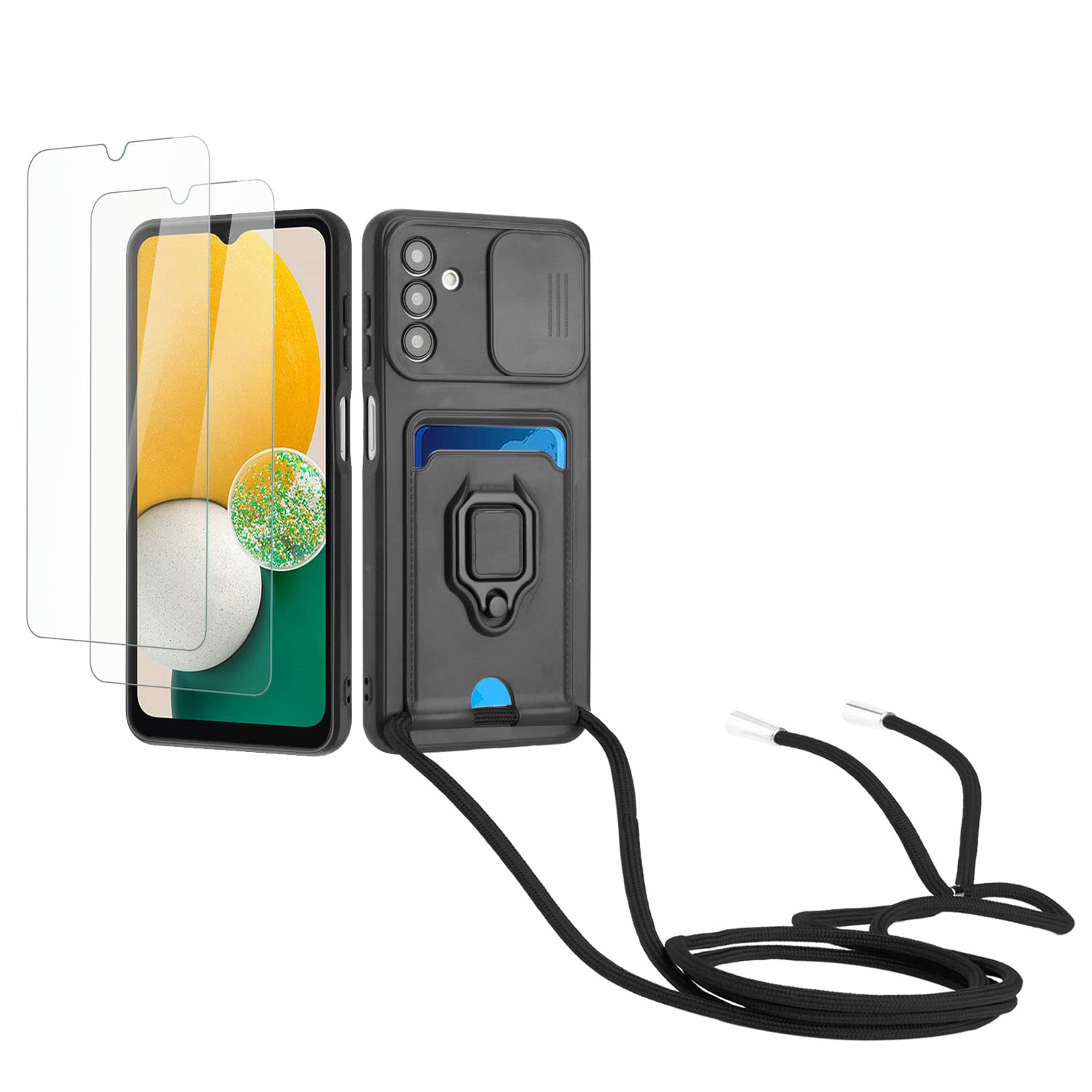 Kaslly Funda con Cuerda para Samsung Galaxy A35+[2 Pack Protector Pantalla],Case con Ranura para Tarjetas,Cubierta de Cámara Deslizante Proteger,Doble Cara Protección-Negro