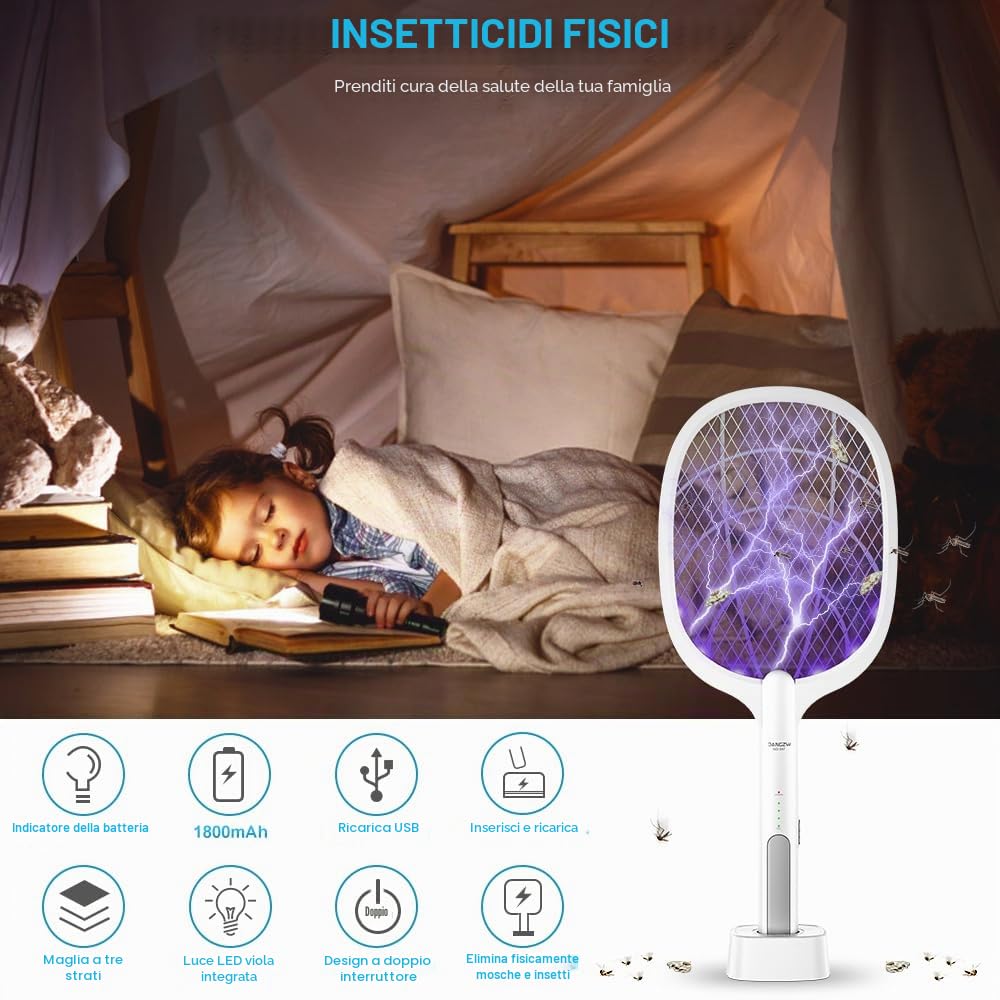 DANGZW Racchetta Zanzare Elettrica, 2 in 1 4000V USB Ricaricabile Mosquito Killer & Elettrico Swatter Zapper con Base di Ricarica per Casa Giardino Campeggio