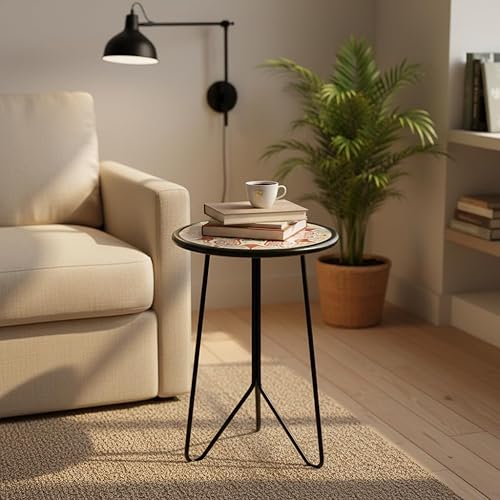 Miniatura 7 de LIFFY - Mesa auxiliar de metal para exteriores, mesa redonda pequeña de 12" con tapa de vidrio, mesa auxiliar decorativa redonda para el hogar, mesa