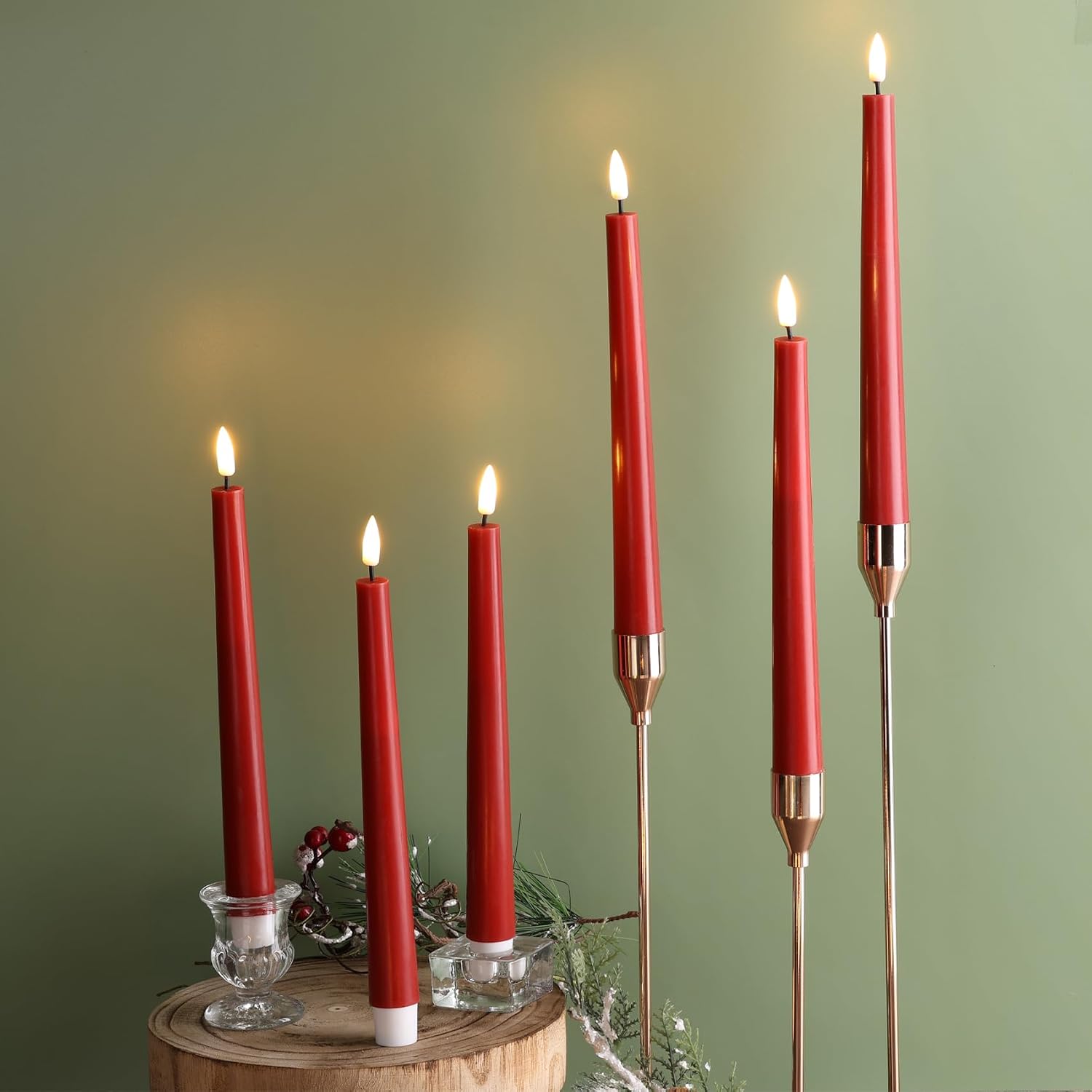 Eywamage Red Christmas Flameless Taper Candles with Remote, Flickering Battery LED Wax Candlesticks Set of 6