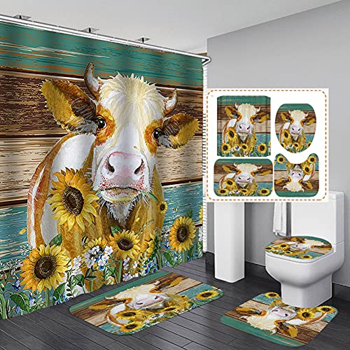 JaydenMadge-4PCSSet-Sunflower-Farm-Cow-Fabric-Shower-Curtain-Country-Flower-Livestock-Rustic-Wooden-Board-Cute-Farm-Animals-Oil-Painting-Bathroom-Decor-Non-Slip-Bath-Rugs-Soft-Toilet-Mat-Yellow JaydenMadge 4PCSSet Sunflower Farm Cow Fabric Shower Curtain Country Flower Livestock Rustic Wooden Board Cute Farm Animals Oil Painting Bathroom Decor Non Slip Bath Rugs Soft Toilet Mat Yellow