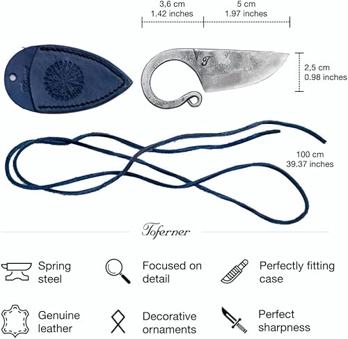 Miniatura 6 de Toferner Cuchillo de bolsillo celta, cuchillo forjado a mano con estuche de cuero negro, hoja endurecida, vintage, colección de arte antiguo, idea
