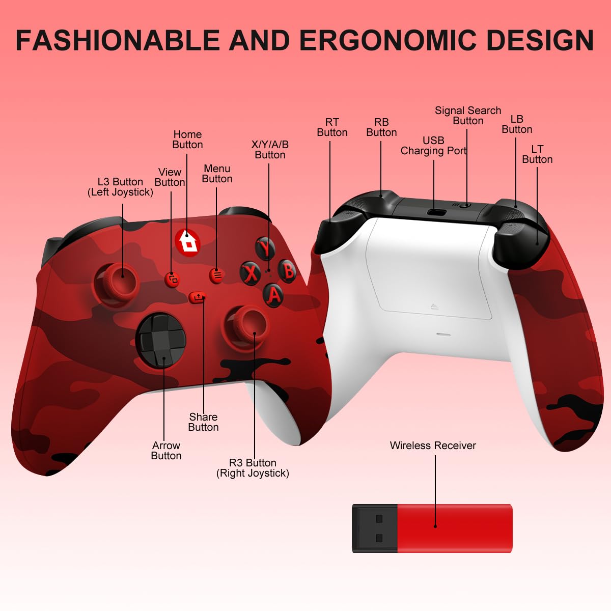 SWCTIM Xbox Controller Wireless für Xbox One, Xbox Series X/S, 3.5mm Kopfhörerbuchse, 2.4GHz Wireless Adapter, Camo Rot