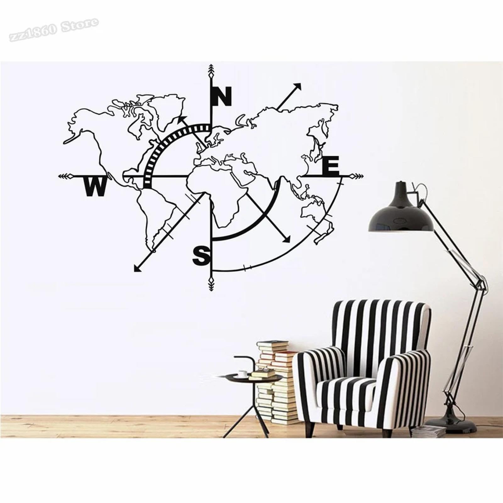 YOUOUSI World map Compass wall Stickers for Living Room, Bedroom, Children's Room, playroom, and Office wall Art Decals
