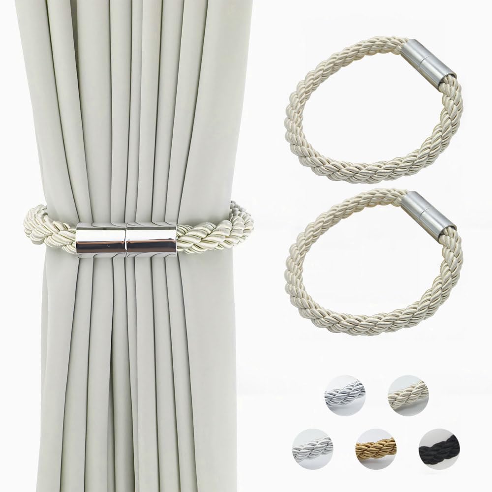 Mioyoow Rice Curtain Tiebacks, 2 Pcs Magnetic Curtain Holdbacks Weave Rope Drape Tie For Home Office Window Draperies