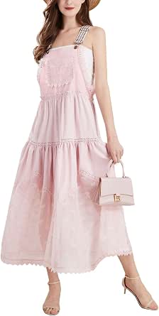 Chouyatou Women's Laced Embroidered Tulle Bib Dress Casual Loose Adjustable Straps Maxi Dress