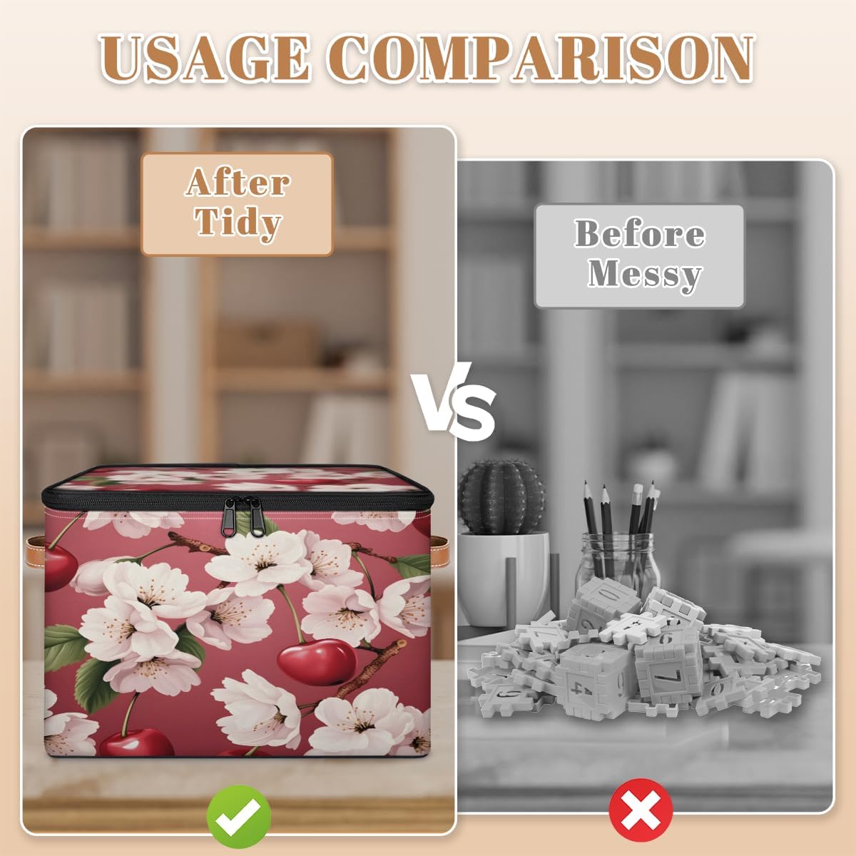 Storage Bin Set of 2 Cherry Flower Storage Basket with Zipper Lid & Handle Foldable Closet Shelf 2 Pack Cloth Organizer Basket Cube Bins Clothes Organizer for Bedroom, Nursery