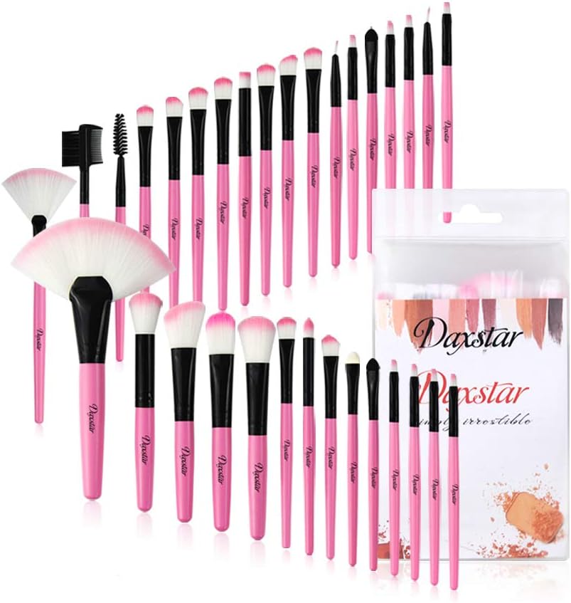 Daxstar Makeup Brushes 32pcs, Premium Pink Brush Set for Full Make-up Blush Concealer Highlight Contour Lip Brush Multiple Style Girlish Beauty Tools Portable Travel Set