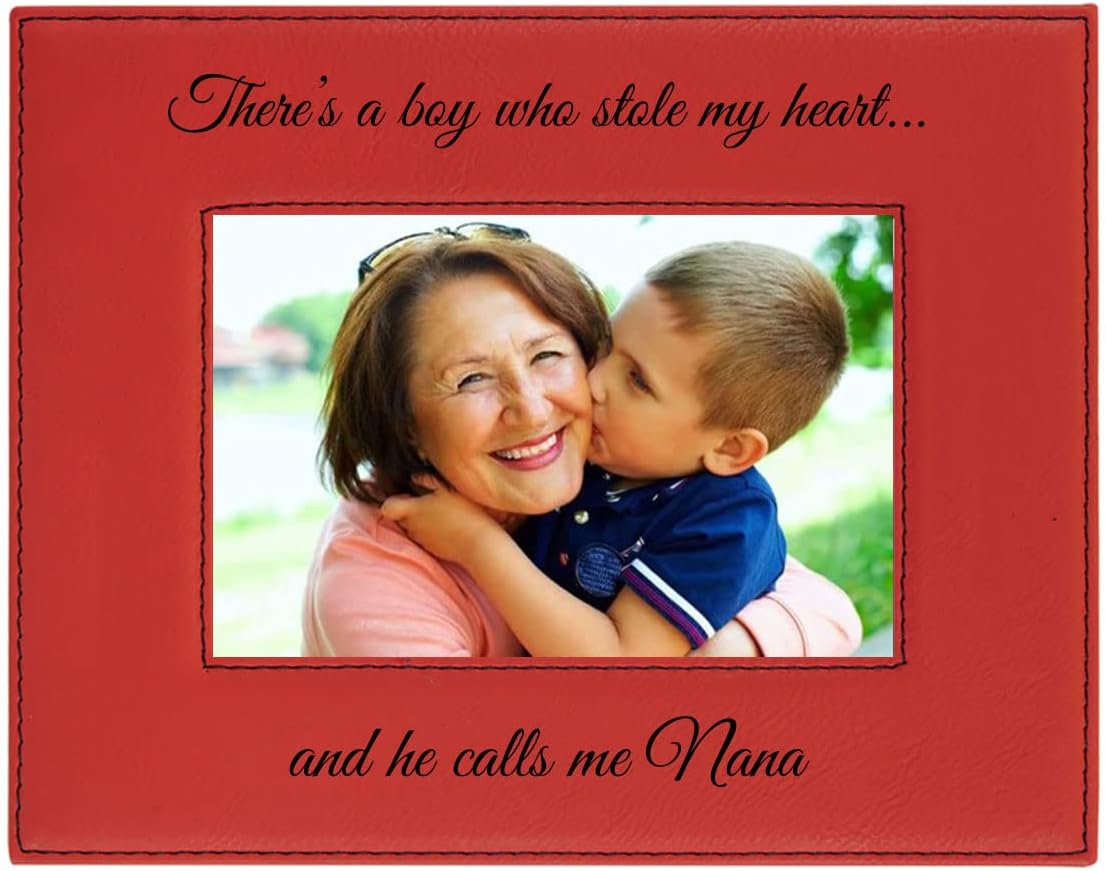 CustomGiftsNow There's a boy who Stole My Heart…and he Calls me Nana Laser Engraved Faux Leather Red Leatherette Wall Hanging/Tabletop Picture Group Family New Grandchild Baby Photo Frame