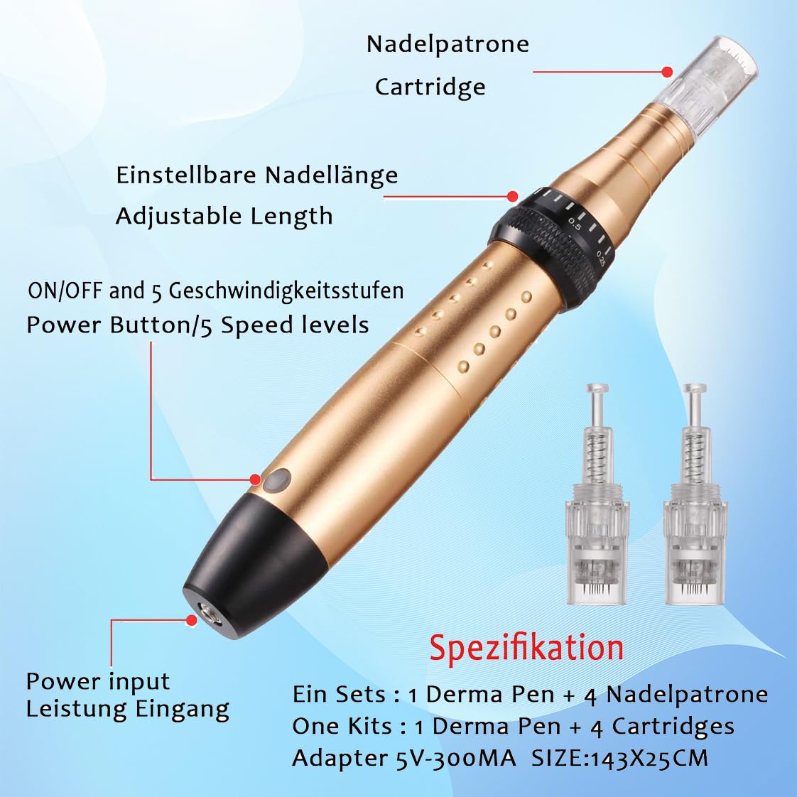 Derma Pen 5 Geschwindigkeitsstufen Mikronadelgerät einstellbare Länge Elektrisch Microneedling Pen Schönheit Pen mit 4 Patronen Mikronadel Stift (golden)