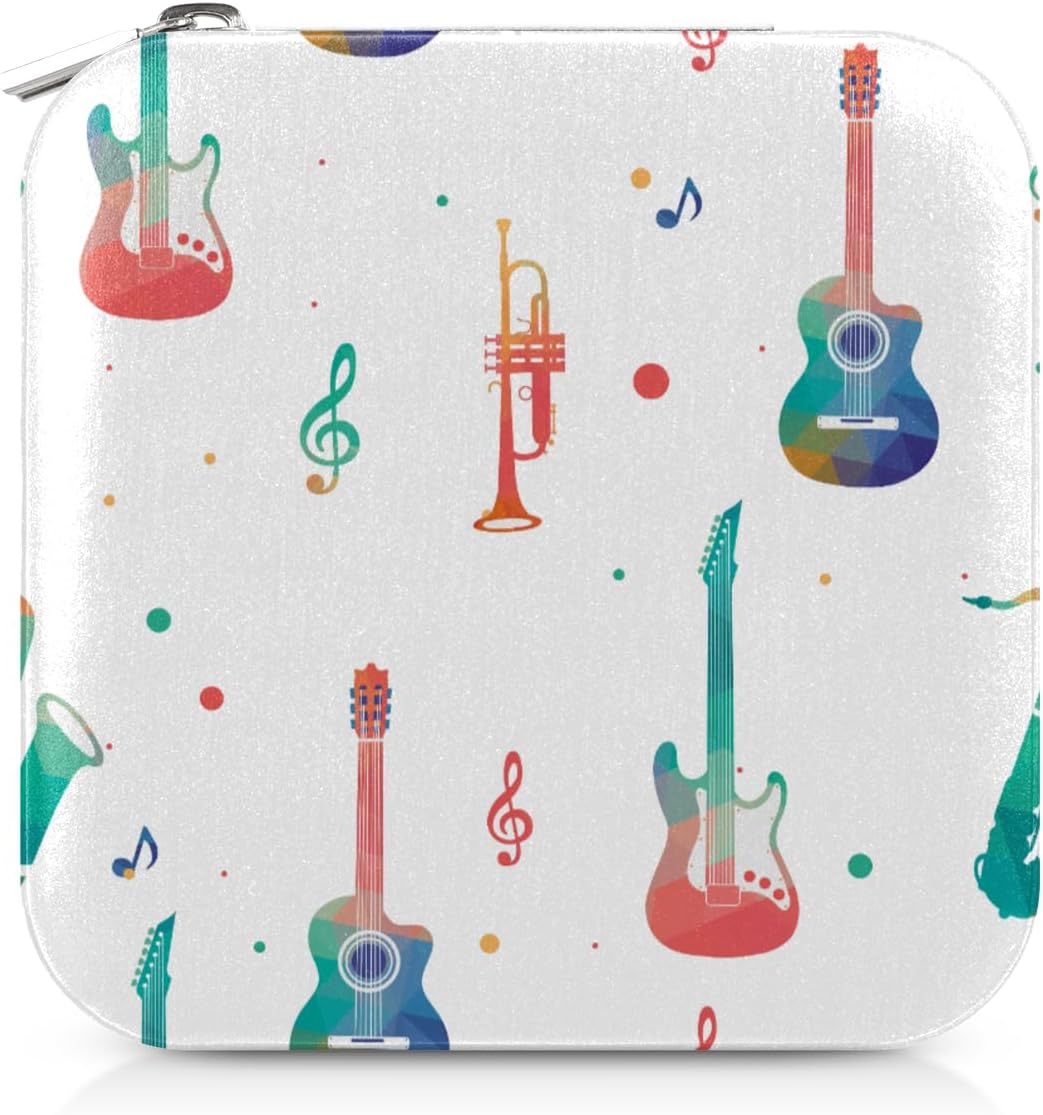 Colourful Abstract Guitar Sax Portable Jewelry Organizer PU Leather Travel Jewelry Box with Mirror Compact Display Storage Case for Rings Earrings Necklaces Bracelets Pendants