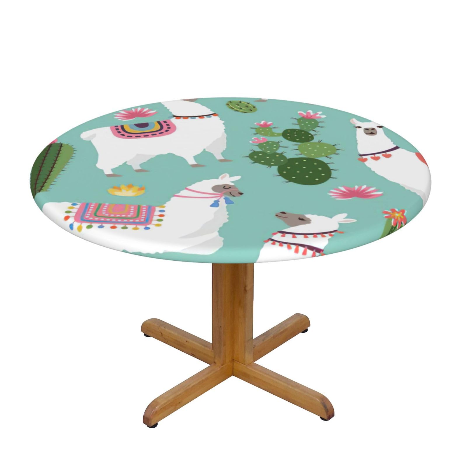 YQxwJL Tropical Llama Alpaca Cactus Flower Print Round Picnic Tablecloth, Elastic Fitted Table Covers For 90-140 Cm Tables Camping Indoor Outdoor