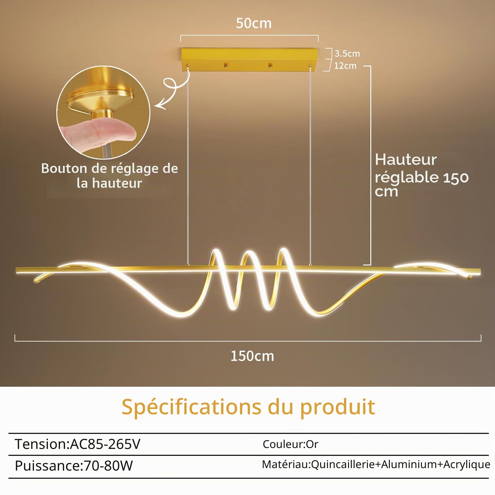 Mikeru Ampoule Spirale Dorée De 150cm, Lumières Pour Table De Billard 3000K/4500K/6500K, 10% à 100% Dimmable, Lampes à Suspension Réglables En Hauteur LED Modernes Avec Fonction De Mémoire