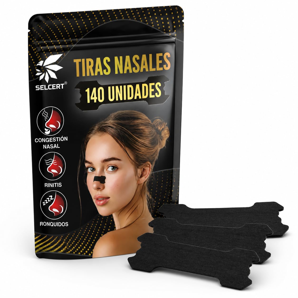 Tiras Nasales Antirronquidos x140 - Dilatador Nasal Negro para Dormir Mejor, Deporte y Congestión Nasal - Nasal Strips/Nose Strips, Adhesivo Fuerte