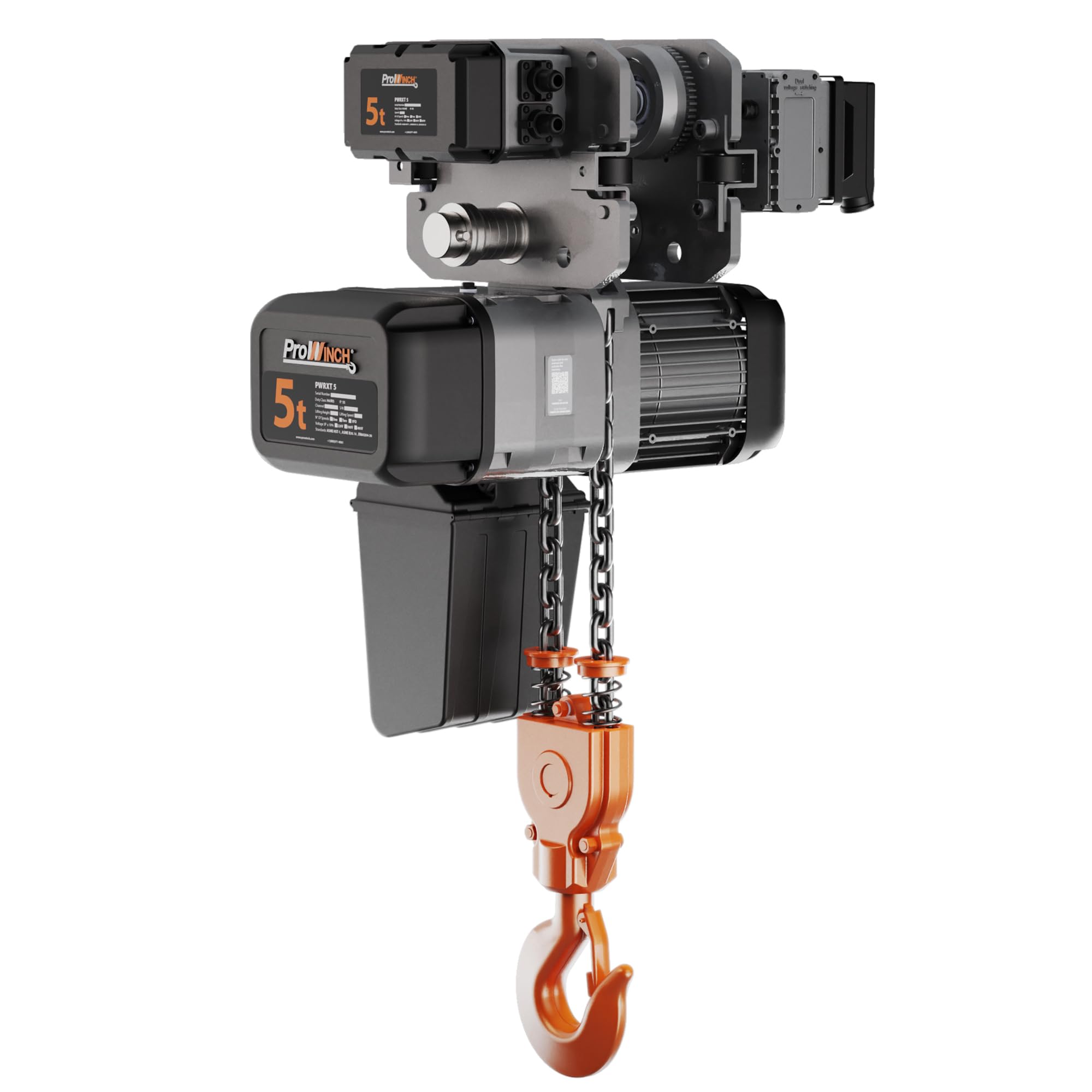 Prowinch 5 Ton Electric Chain Hoist with Power Trolley, Single Speed Operation, Dual Voltage Options 208~240V / 440~480V, Three-Phase (3ø) 60Hz, 30ft G100 Nickel Chain, Heavy Duty