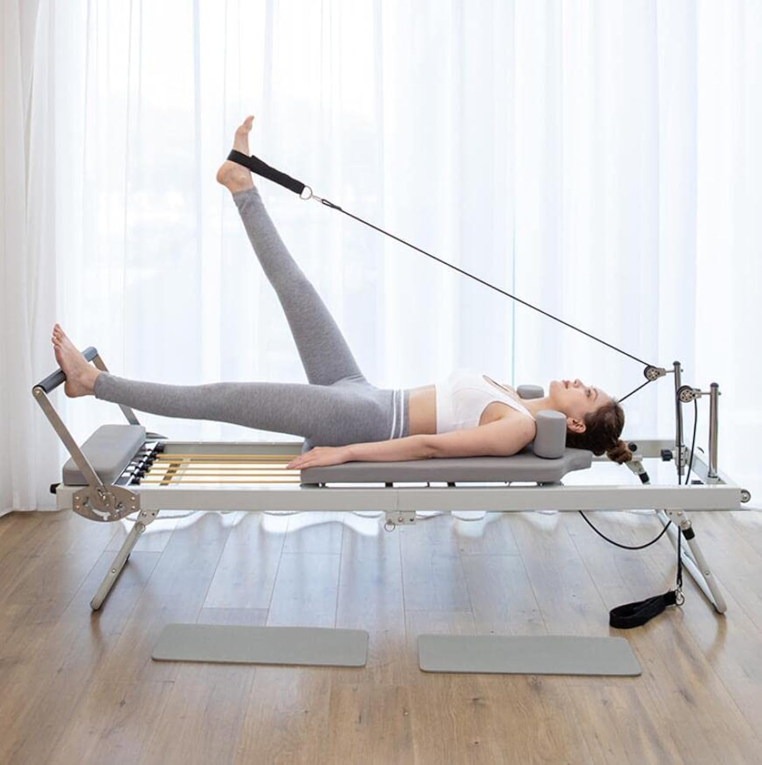 RGSGZCO Pilates Reformer Machine for Home, Foldable Pilate for Strengh Training Pilates Training Bed, Strength Adjustment,Stainless Steel Yoga Training Bed,Beige, Pilates Yoga Bed