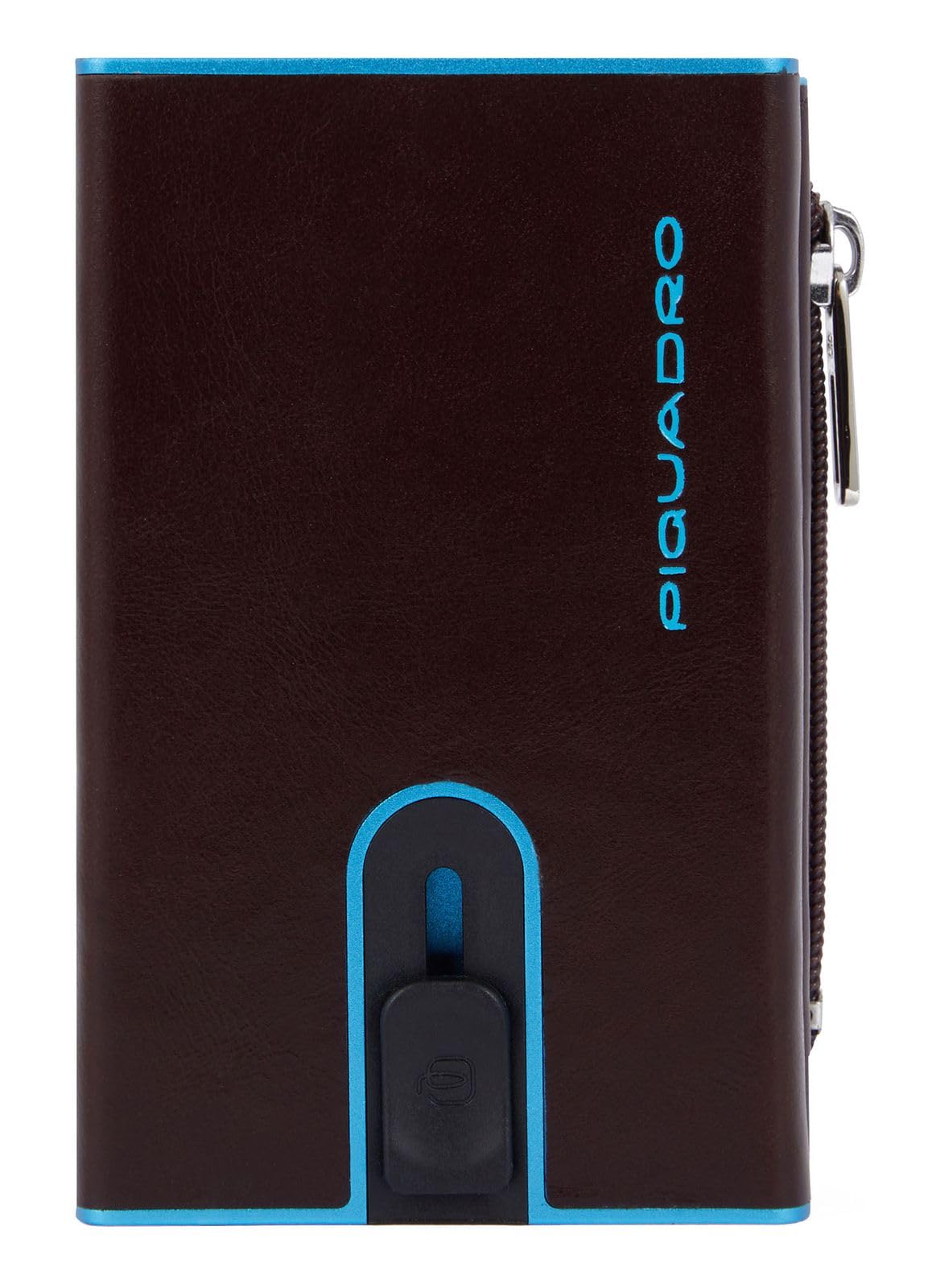Piquadro – Cartera compacta Blue Square – en Metal y Cuero – Tarjetero automático, Monedero, protección RFID, 2 Compartimentos Interiores – Color Caoba – Hombre