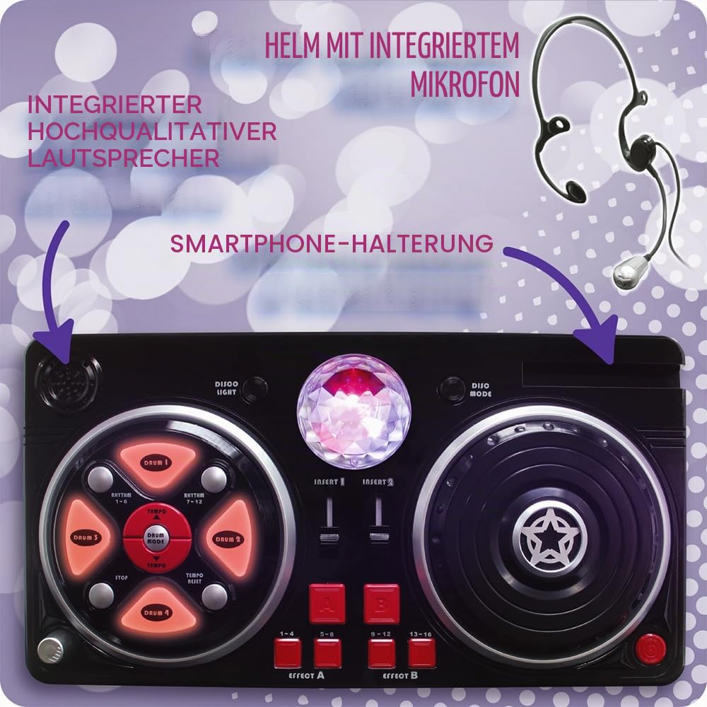 Deqube 916D00040 DJ-Mischpult mit verschiedenen Basen und Disco-Effekten, inklusive Leuchtkugel, Helmen und Mikro-Verbindung zu verschiedenen Geräten, +5 Jahre, Größe 39 x 4 x 20 cm