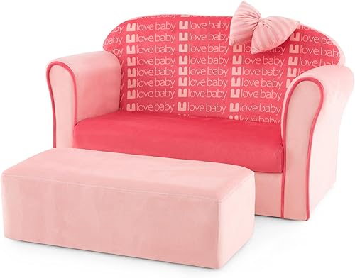 HONEY JOY Sofá rosa para niños pequeños, cómoda silla con otomana, bonito lazo, muebles ligeros de sala de juegos para niños con funda de terciopelo