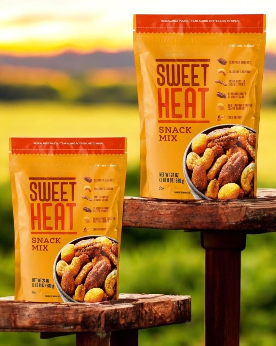 Kirkland Sweet Heat Snack Mix – 2 Pack (48 oz Total) – BBQ Almonds, Seasoned Cashews, Sesame Sticks, Glazed Pecans & Corn Nuggets – Resealable Bags, Sweet and S