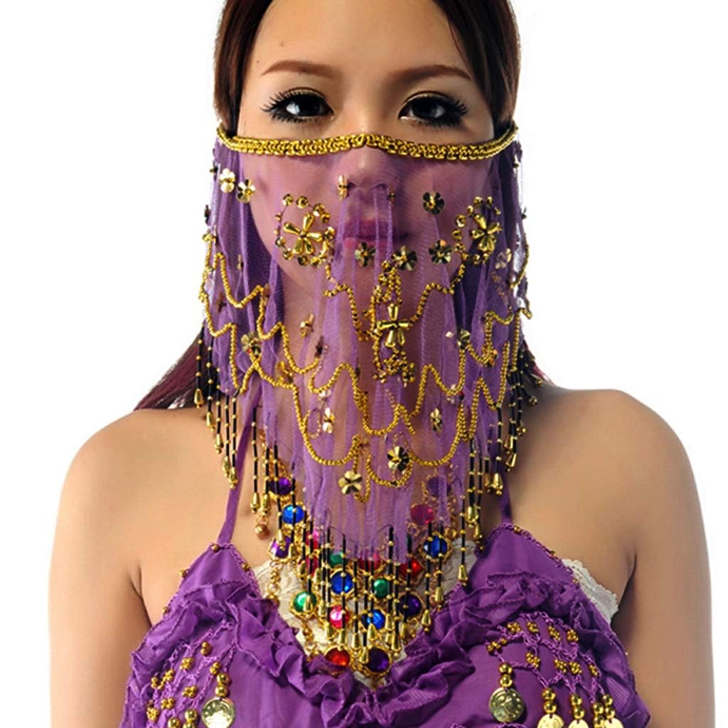 Baisdan Purple Face Veils Belly Dance Costumes Mesh Face Veil With Beaded Halloween Costume Accessory (One Size, )