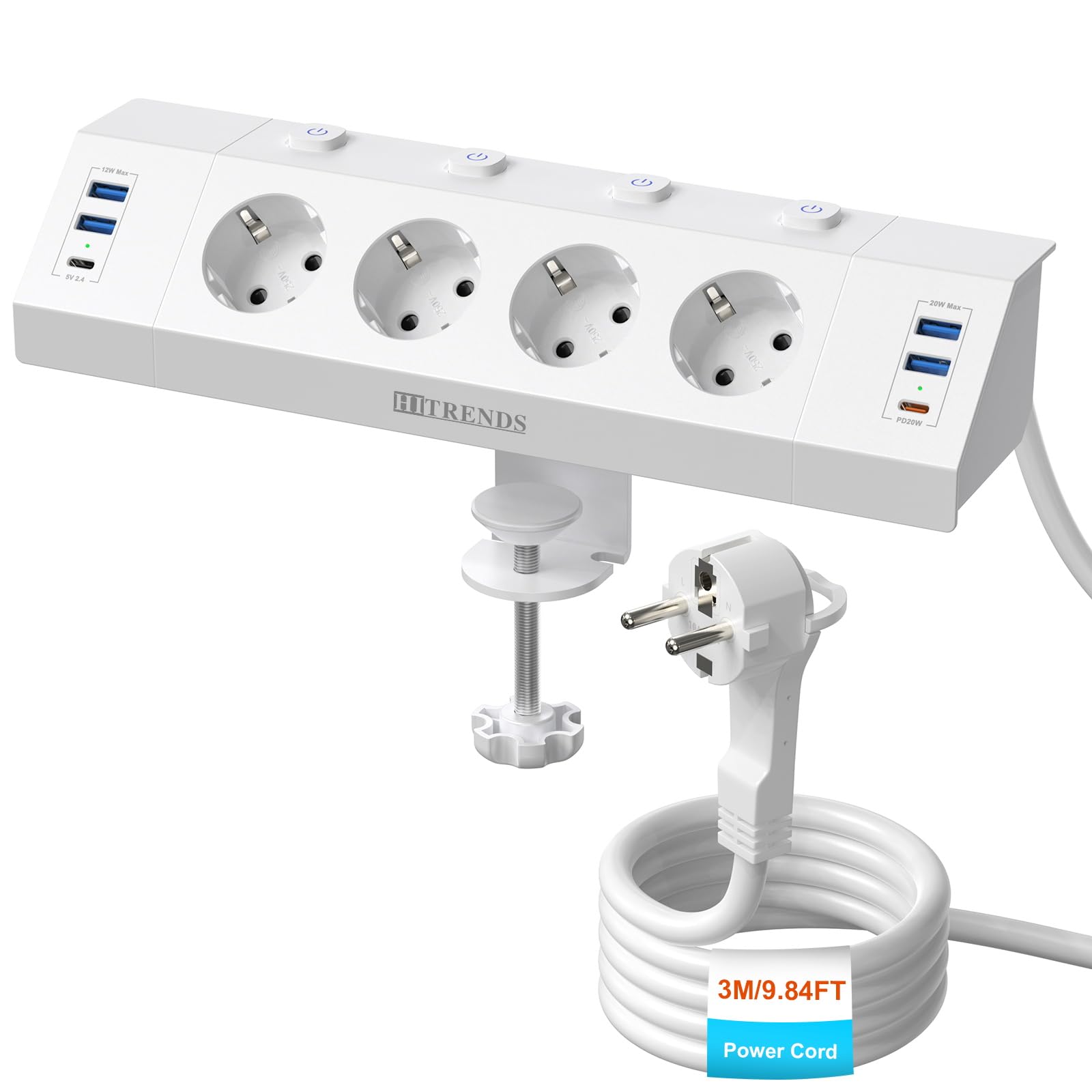 Regleta de mesa de 4 enchufes con USB C (PD 20 W), regleta de esquina para escritorio, conmutable individualmente, enchufe de escritorio, enchufe de mesa, con cable de 3 m, color blanco