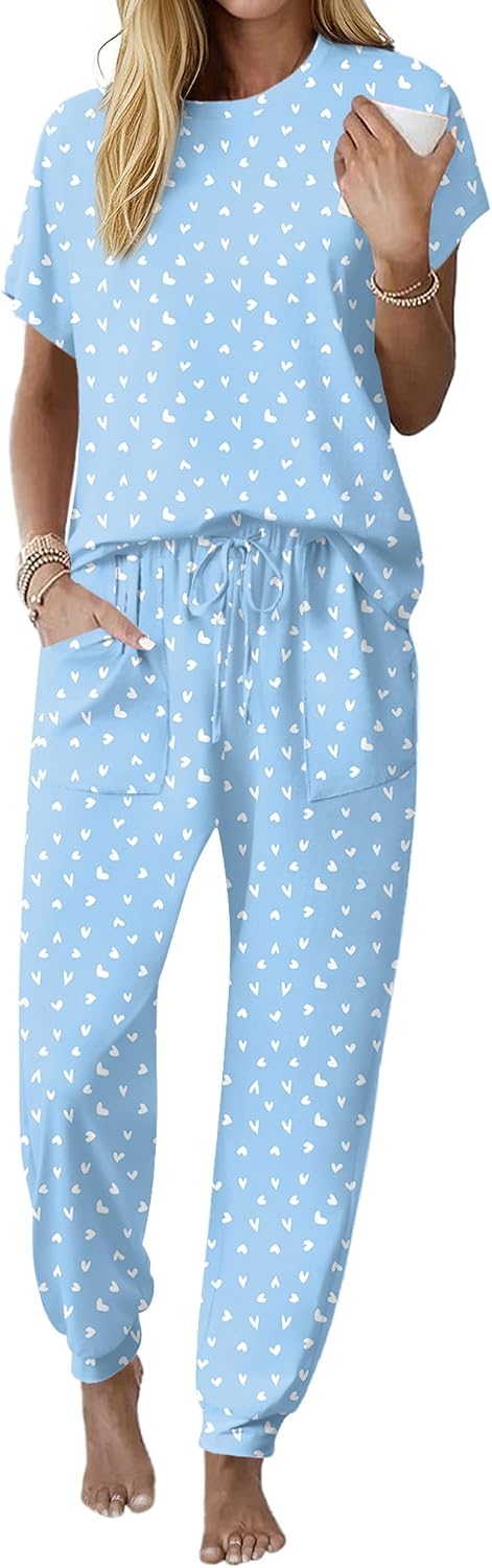 Ekouaer Womens Pajama Sets Short Sleeve Pj Top With Jogger Pants 100% Cotton Pajamas 2 Piece Lounge Set with Pockets