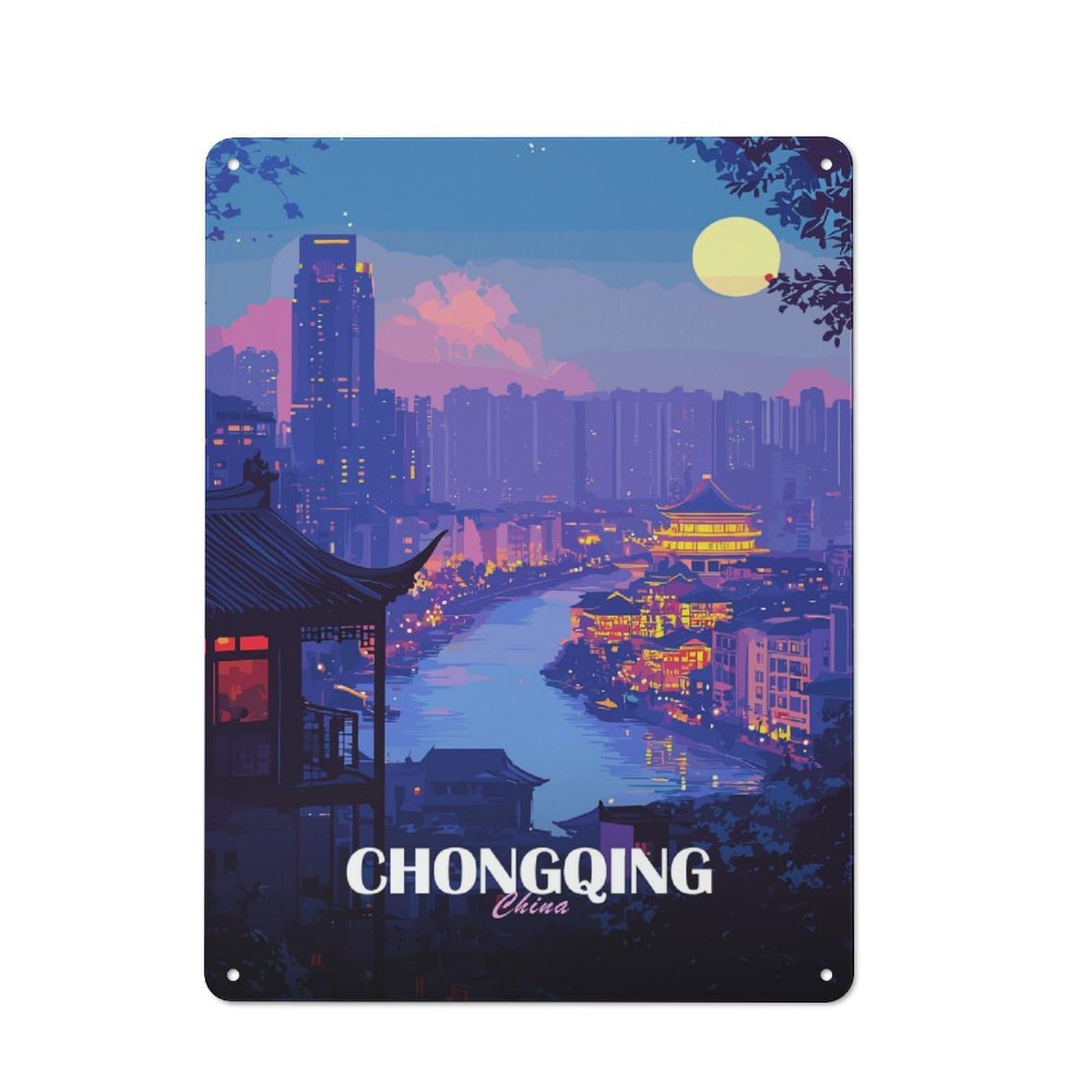 Junmoney Style-22 Tin Sign 40X30cm With Chongqing China Cityscape At Night For Garage Wall, Retro-Style Decor, For Room Styling Across Garages And Workshops