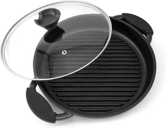 joeji's Kitchen Round Cast Aluminium Griddle Pan with Lid 27cm 10.6''inch Non Stick Grill Pan Induction Hob Skillet Pan - PFOA Free