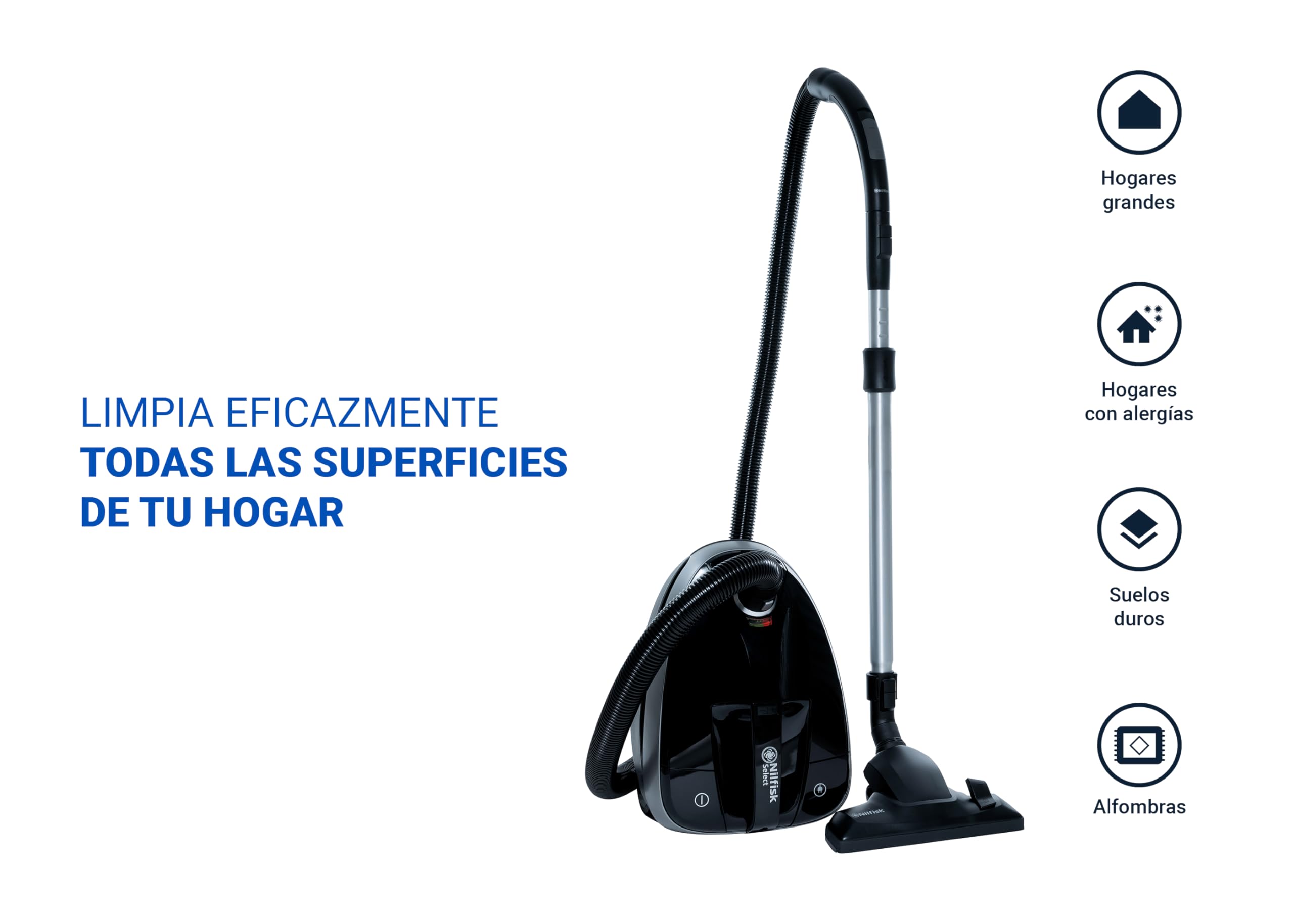 Nilfisk Aspiradora Select para Suelos y Alfombras - Aspirador de Trineo Anti-Alérgenos con filtro HEPA, Elimina el Polen de Suelos y Aire - Negra (BLSU13P08A1)