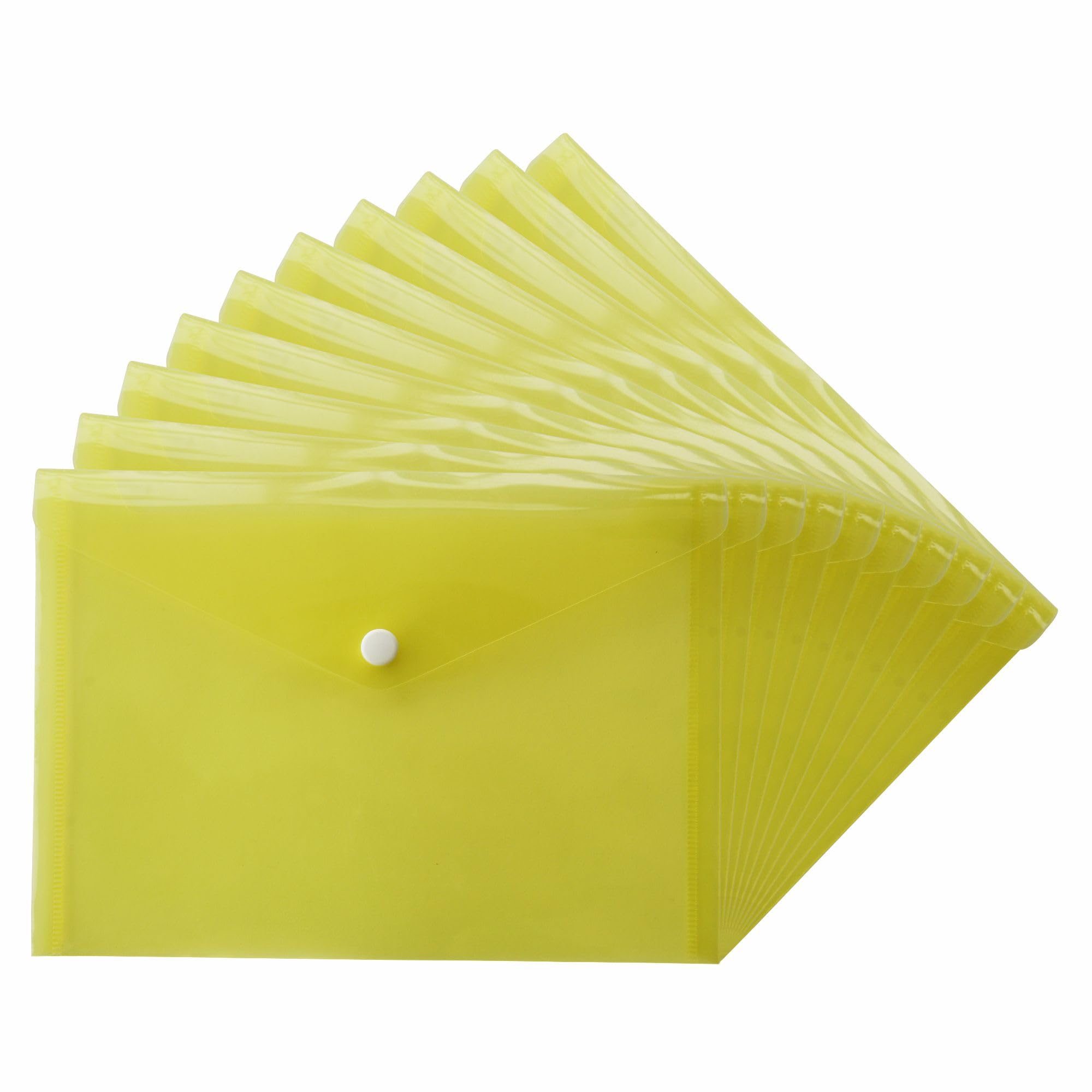M1SS A5 Document Wallets Pack of 30 – Transparent Plastic File Folders with Secure Snap Button Closure, Waterproof Document Holder, Strong Precision Welded Design for School, Office & Storage (Yellow)