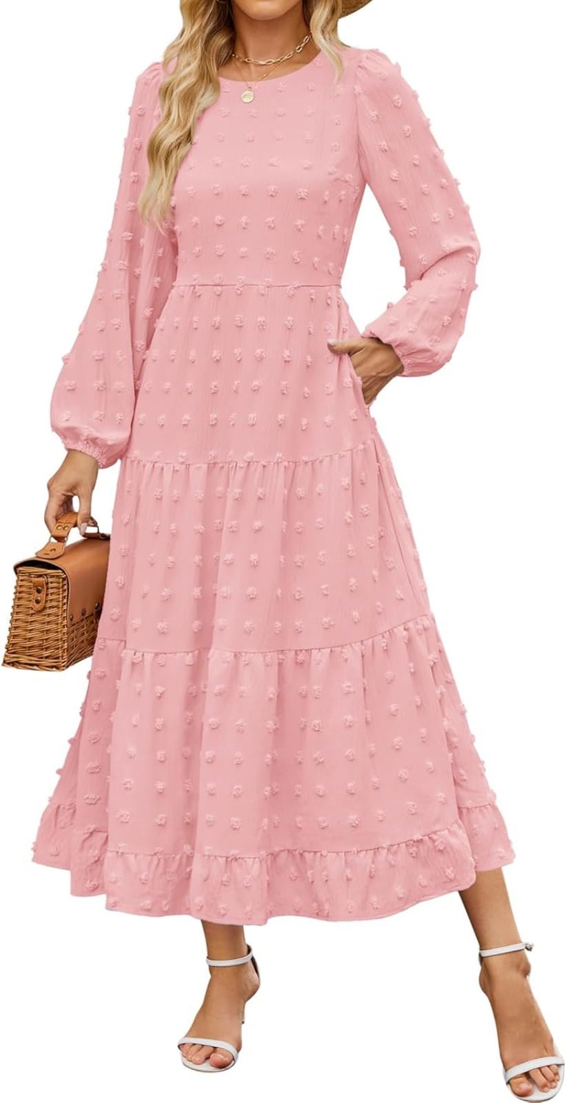 Llecdaseui Women's Pink Autumn Boho Midi Dress Swiss Dot Staggered Flowing Dress Long Sleeve Round Neck A-Line Wedding Guest Dress, L